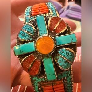 Beautiful Vibrant Colors in this cuff. Hand crafted by Tibetan people in Napal
